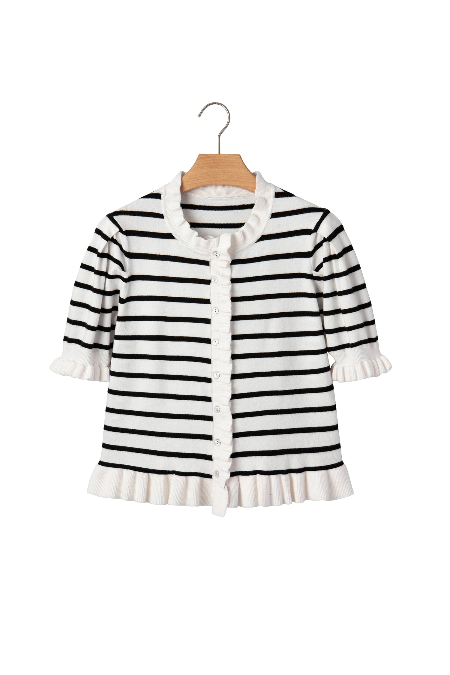 Beige Stripe Ruffle Trim Button Down Knit Short Sleeve Sweater Cardigan