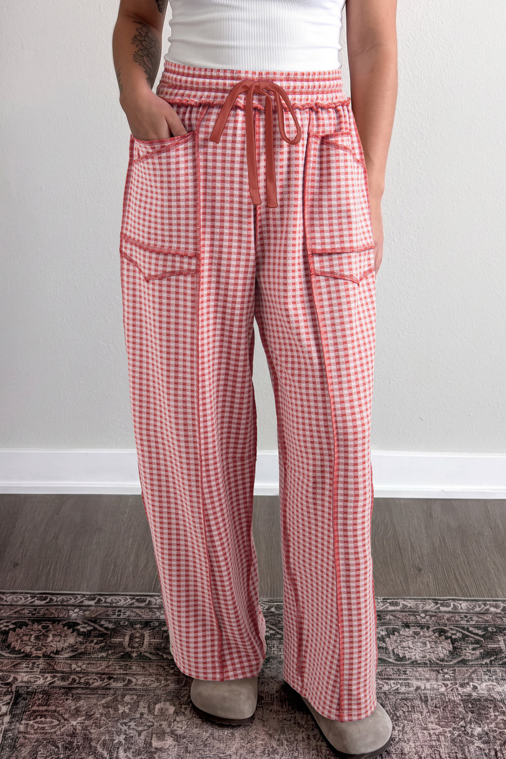 Plaid Contrast Trim Drawstring Elastic Waist Shift Pants