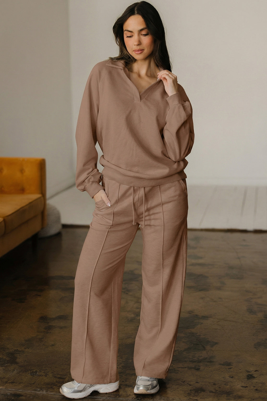 Polo Collar V Neck Pullover and Drawstring Sweatpants Set