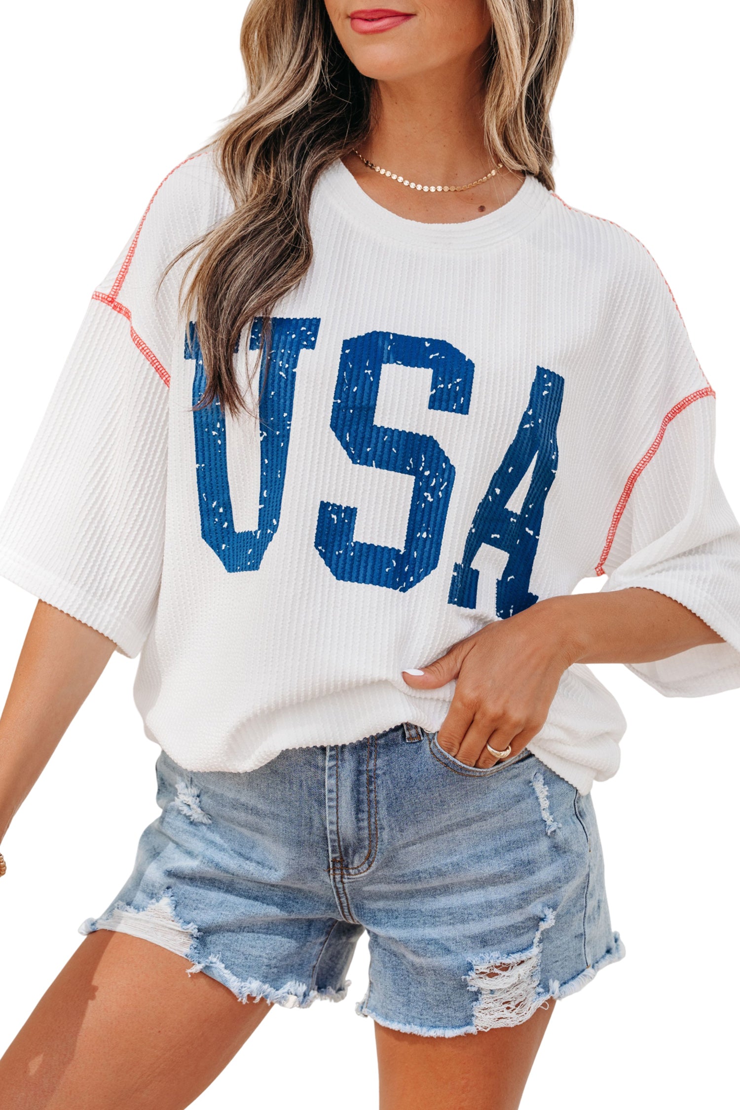 Fiery Red USA Graphic Half Sleeve Loose Ribbed Top