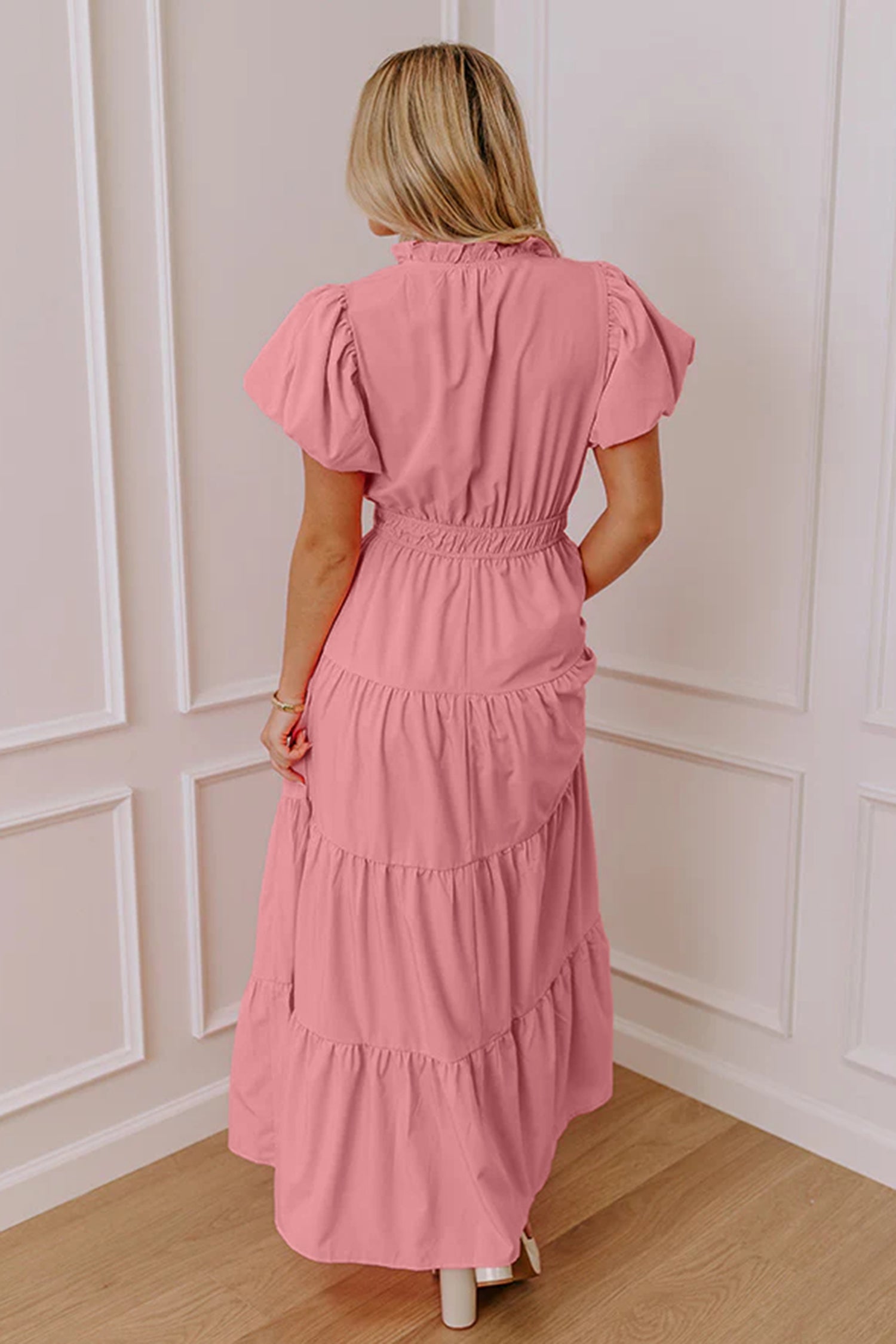 Solid Color V Neck Short Puff Sleeve High Waist Tiered Maxi Dress