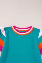Turquoise Contrast Flutter Sleeves Knitted Sweater T Shirt