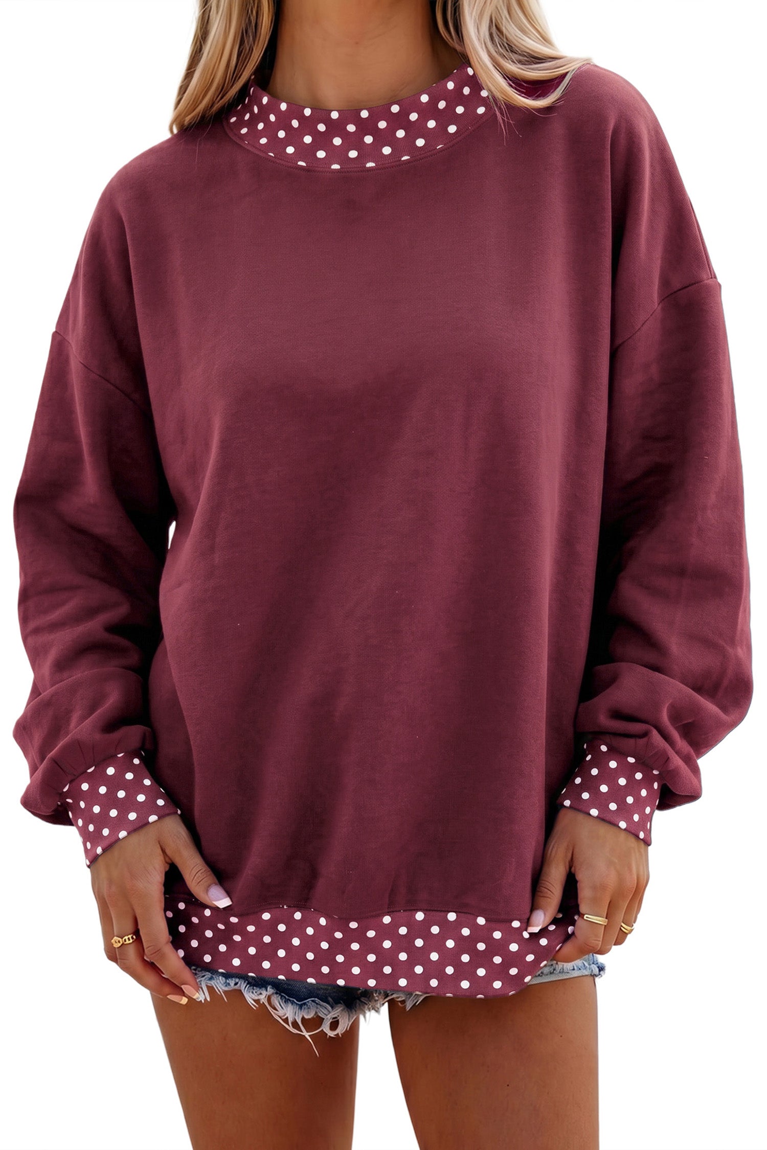 Brown Colorblock Polka Dot Contrast Trim Oversized Sweatshirt