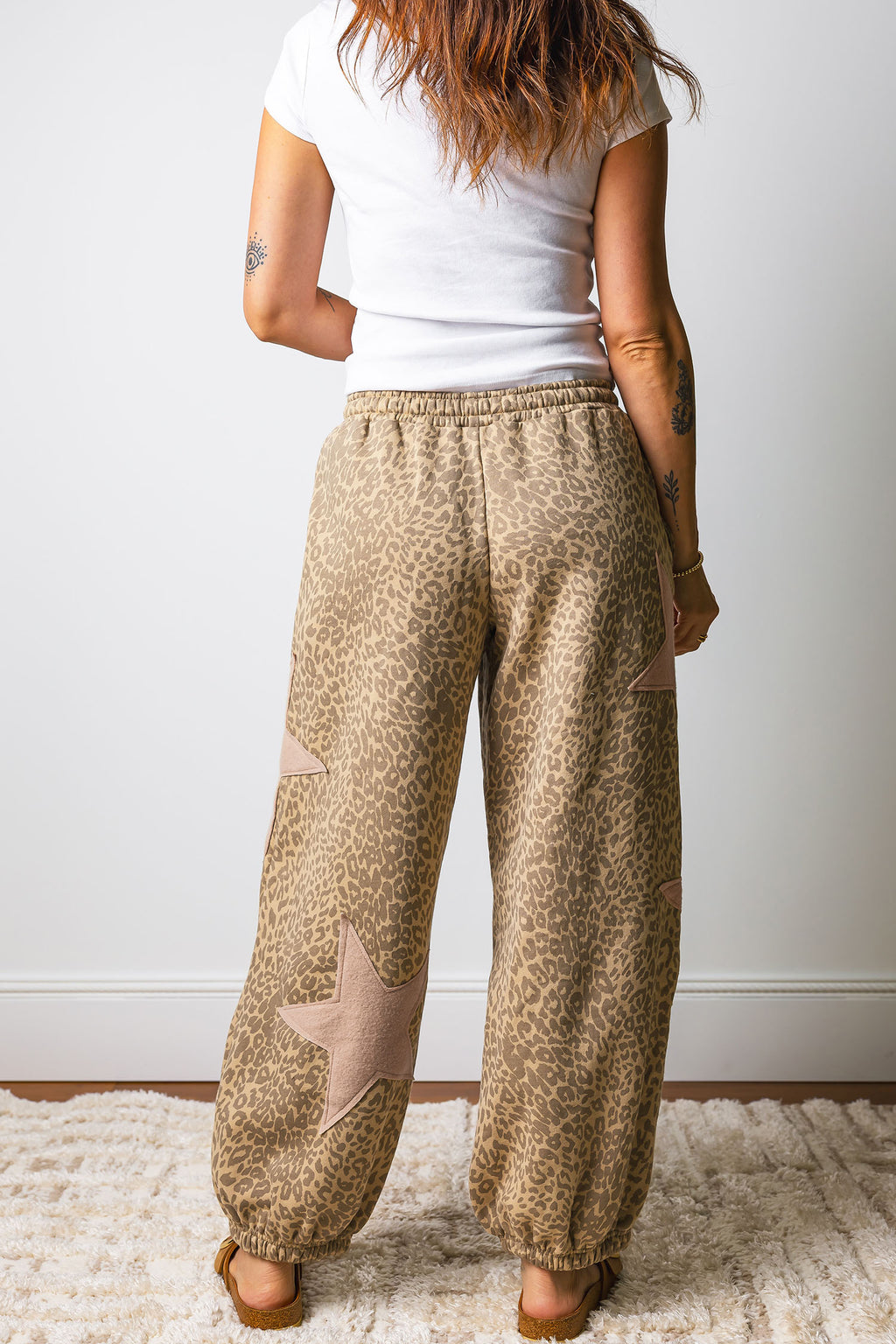 Gray Leopard Print Star Patched Drawstring Elastic Waist Jogger Pants