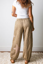 Gray Leopard Print Star Patched Drawstring Elastic Waist Jogger Pants