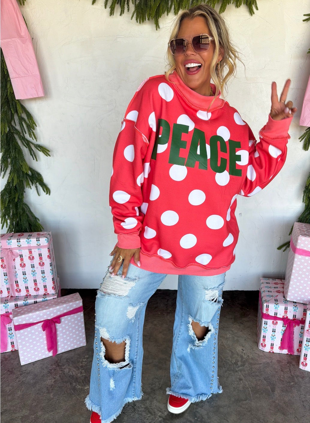 Peace & Polka Dot Mock Neck Pullover -Preorder ETA LATE OCTOBER