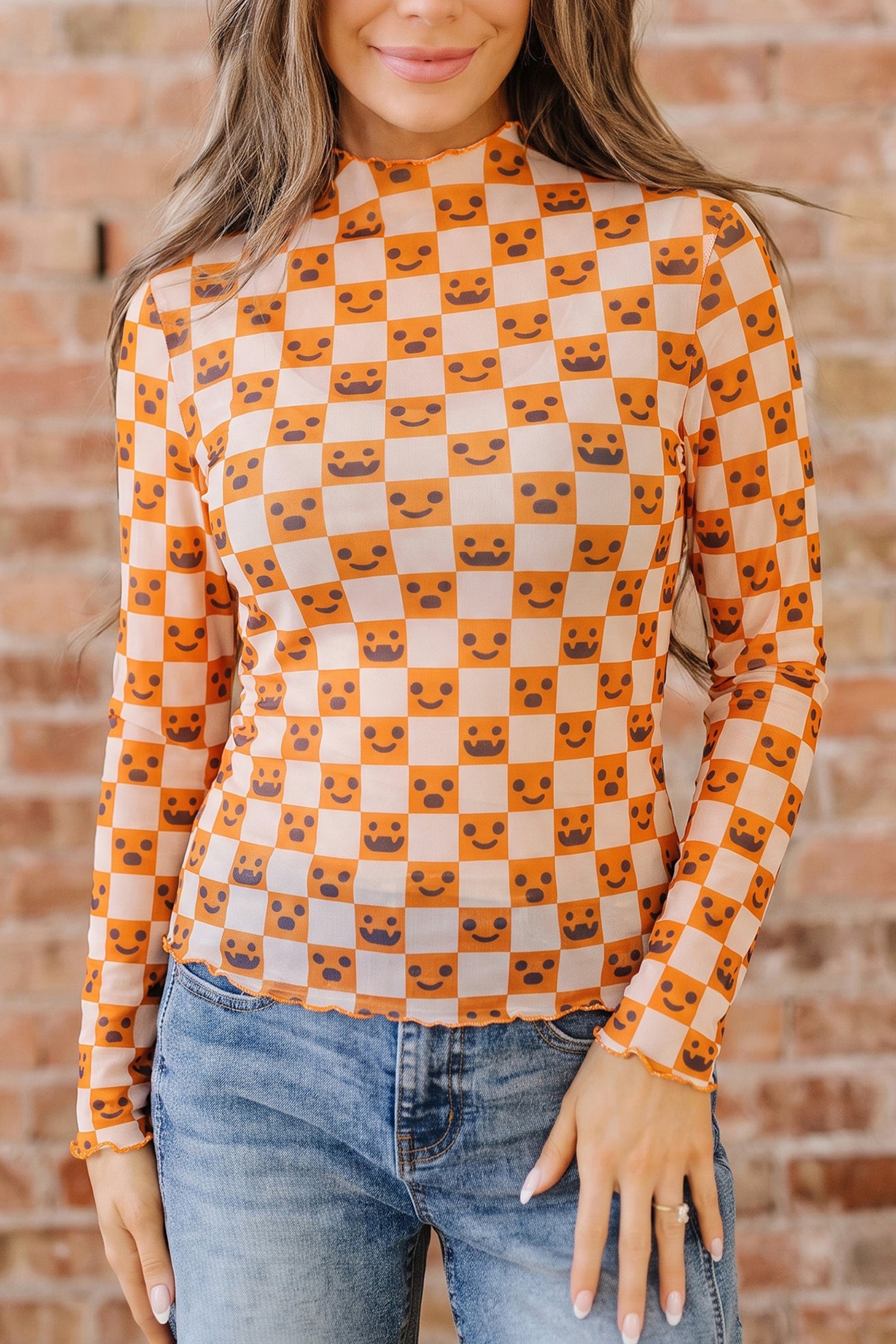 Orange Abstract Halloween Pattern Long Sleeve Stand Neck Shift Blouse