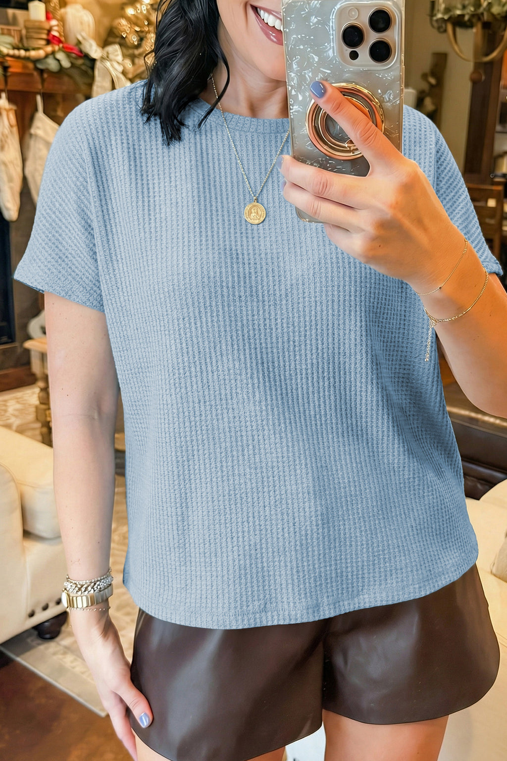 Sea Green Waffle Textured Knit Dolman Short Sleeve Loose Top