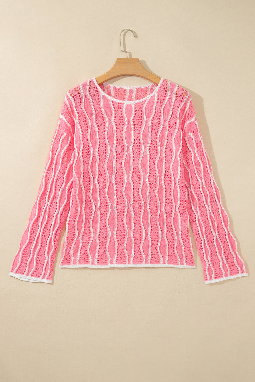 Pink Wavy Detail Hollow Out Knit Long Sleeve Cotton Pullover Sweater