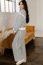 White Stripe Ruffle Trim Drop Shoulder Top Drawstring Loose Pant Set