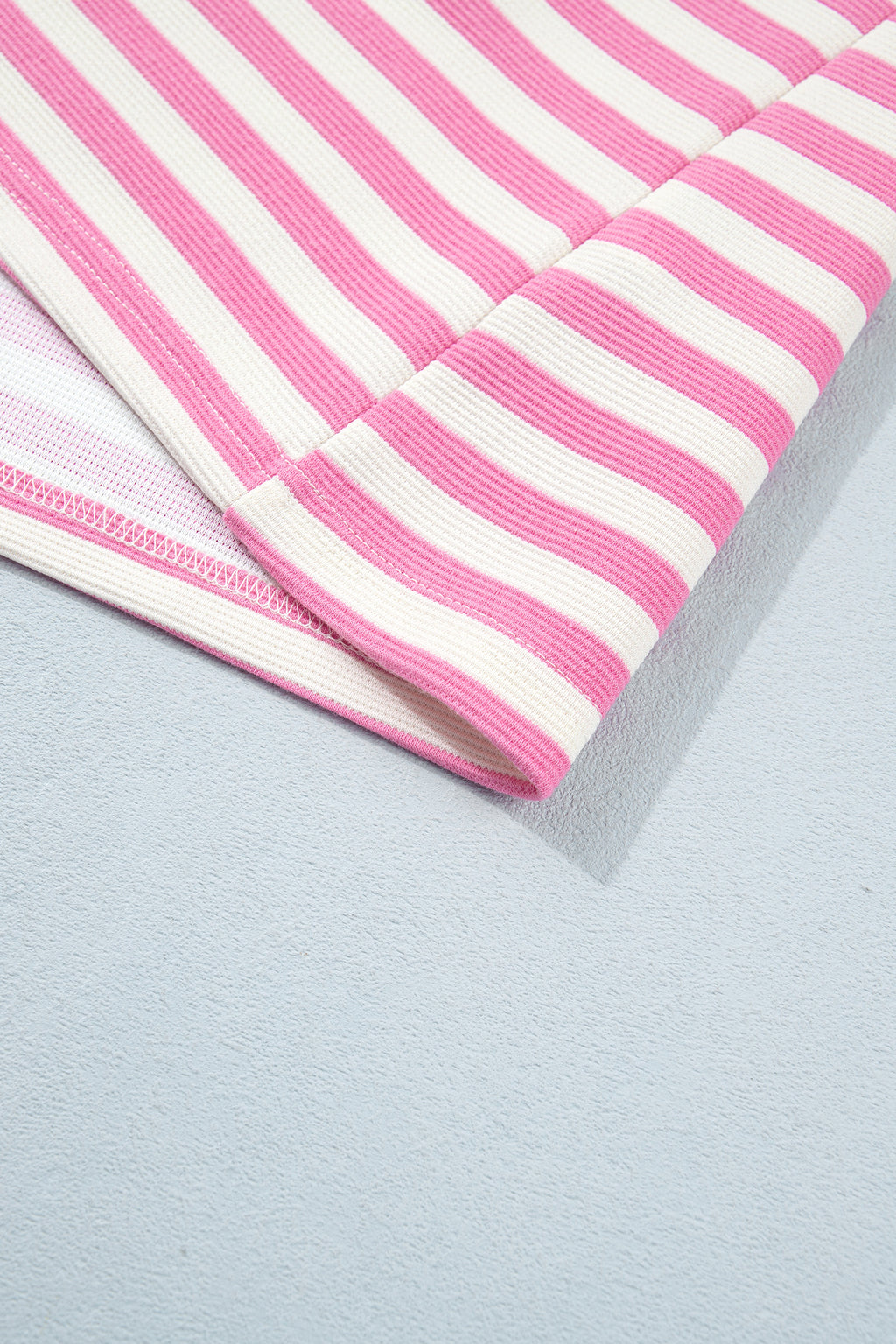 Pink Striped Long Sleeve Crew Neck Drawstring Waist Shorts Set
