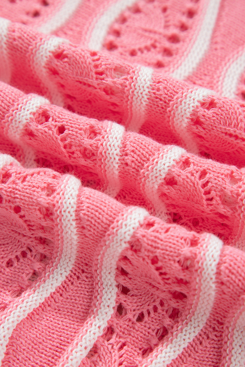 Pink Wavy Detail Hollow Out Knit Long Sleeve Cotton Pullover Sweater