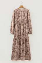 Sky Blue Floral Print Smocked High Waist Long Sleeve Maxi Dress