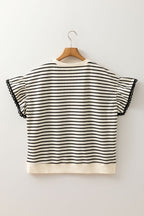 Black Stripe Eyelet Trimmed Ruffled Short Sleeve Plus Size Top