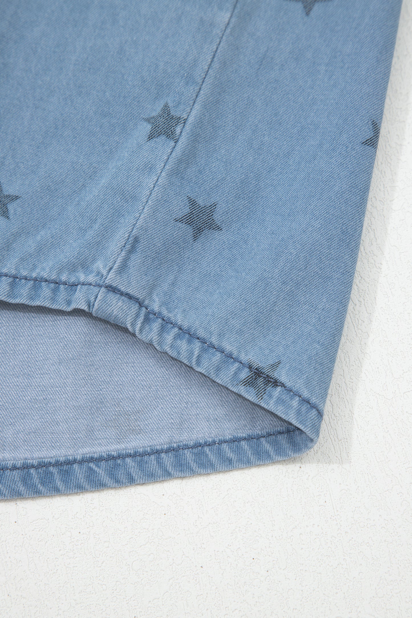 Beau Blue Star Allover Print Double Chest Pocket Short Sleeve Denim Shirt