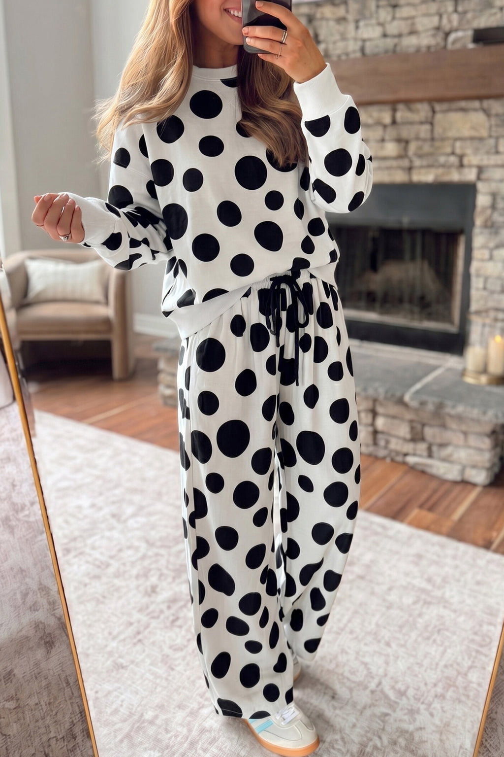 Polka dot long sleeve top and drawstring relaxed pants set by Dear-Lover, stylish two-piece outfit for casual wear.