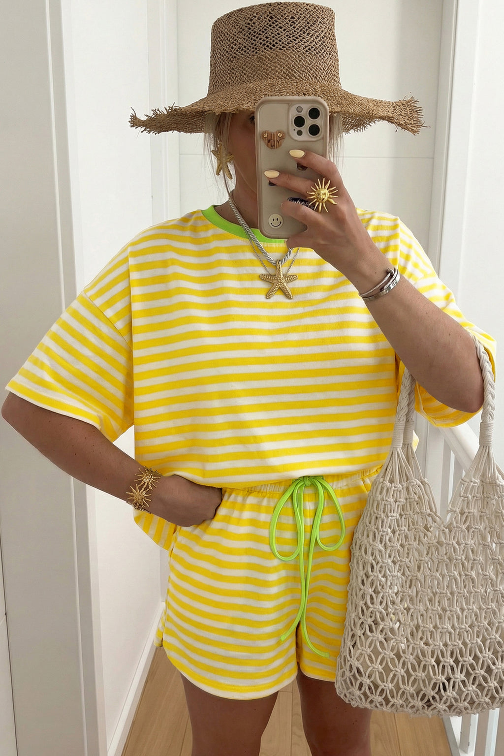 Stripe Contrast Neck Loose Tee and Drawstring Shorts Set
