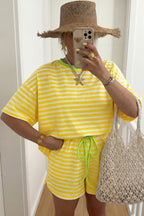 Stripe Contrast Neck Loose Tee and Drawstring Shorts Set