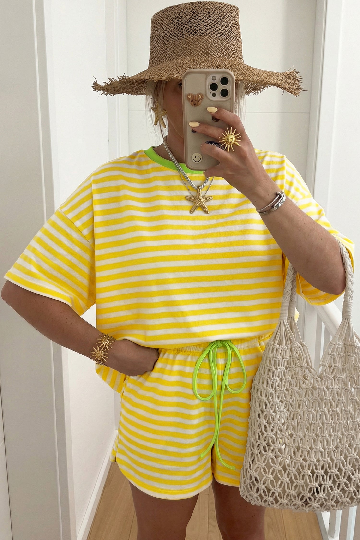 Stripe Contrast Neck Loose Tee and Drawstring Shorts Set