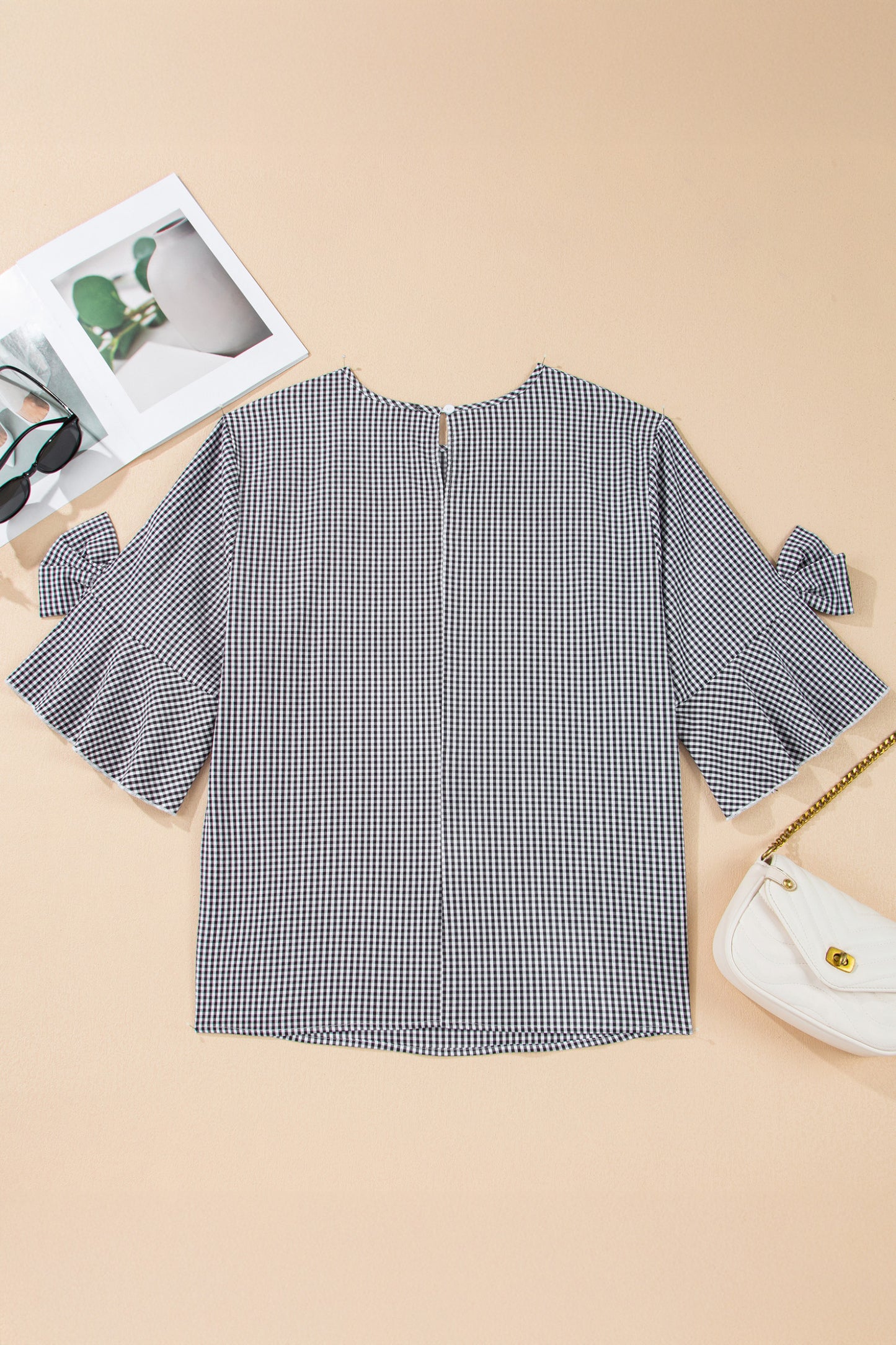 Black Plus Size Plaid Bow Decor Bell Sleeve Round Neck Jumper