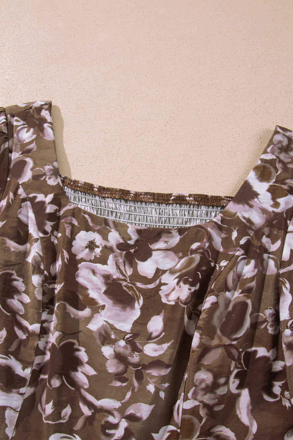 Brown Abstract Floral Print Square Neck Long Sleeve Mini Shift Dress