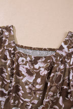 Brown Abstract Floral Print Square Neck Long Sleeve Mini Shift Dress