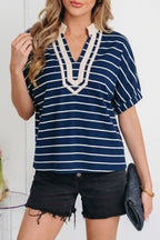Black Stripe Stand Collar V Neck Elastic Cuffs Half Sleeve Dolman Top