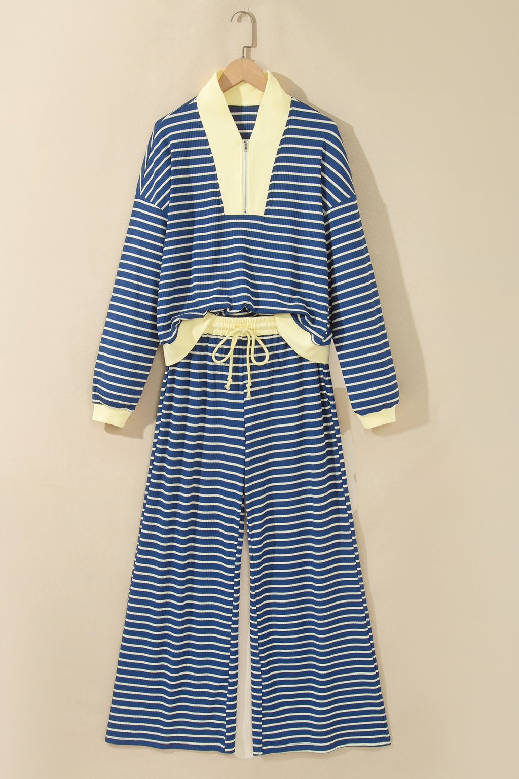 Blue stripe color block patchwork zip V-neck pullover with matching loose pants, two-piece set by Dear-Lover.