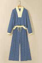 Blue stripe color block patchwork zip V-neck pullover with matching loose pants, two-piece set by Dear-Lover.