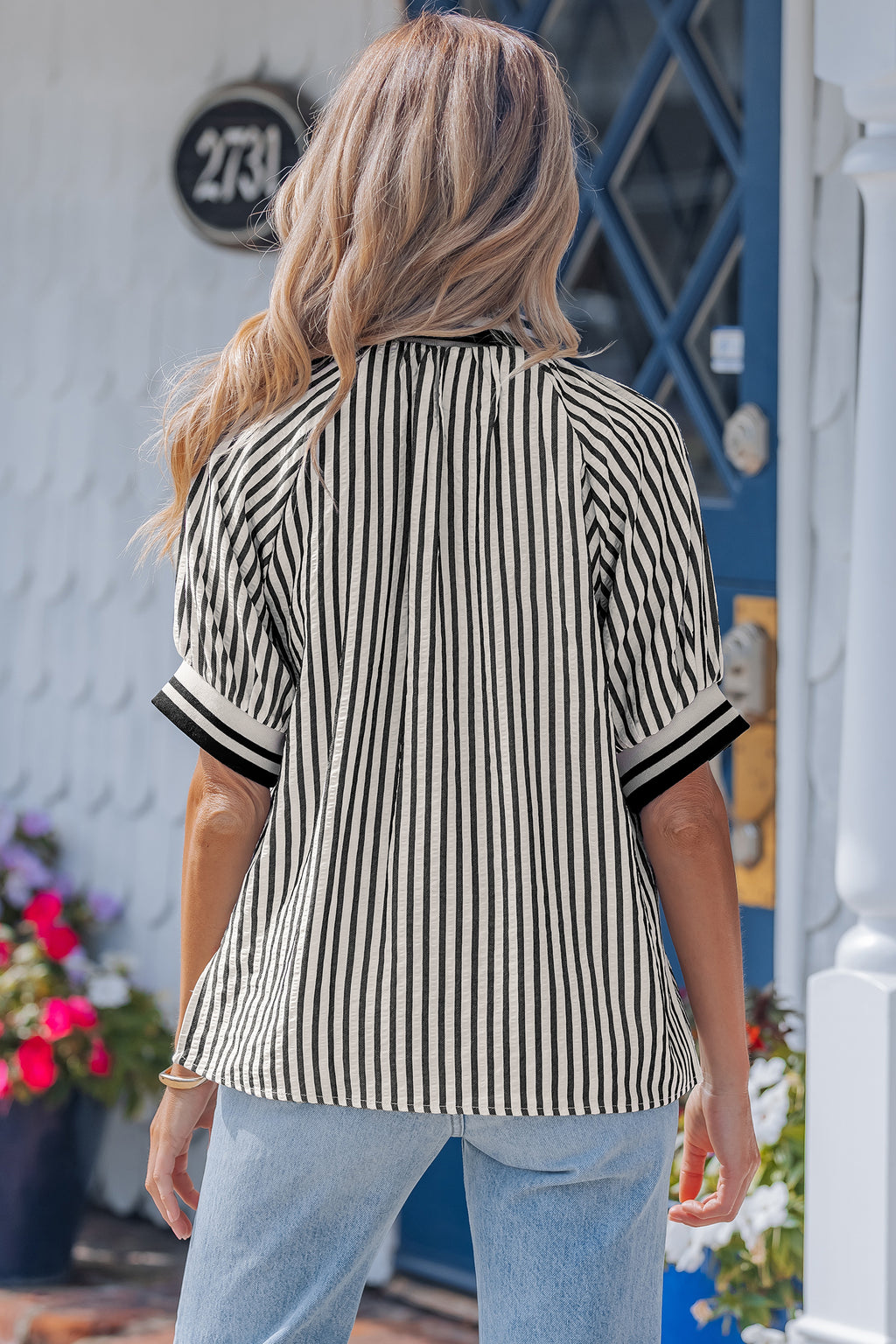 Black Stripe Polo Collar Half Zip Short Puff Sleeve Blouse