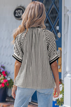 Black Stripe Polo Collar Half Zip Short Puff Sleeve Blouse