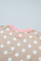 Khaki Polka Dot Contrast Trim Long Sleeve Top Drawstring Shift Pants Set