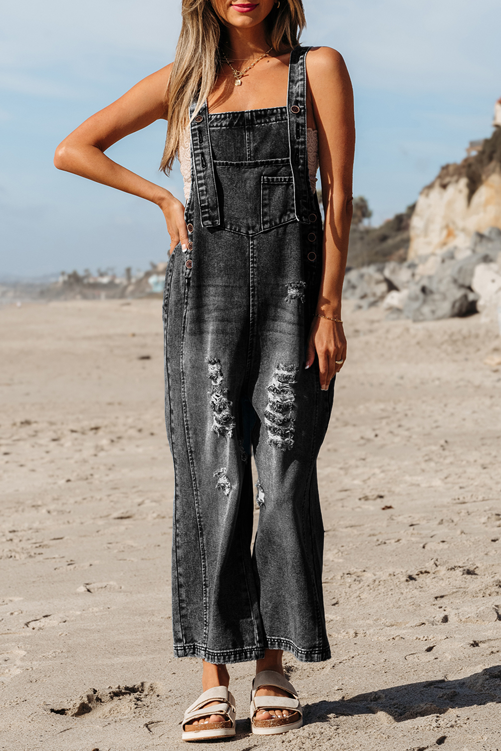Distressed Bib Pocket Wide Leg Denim Overall