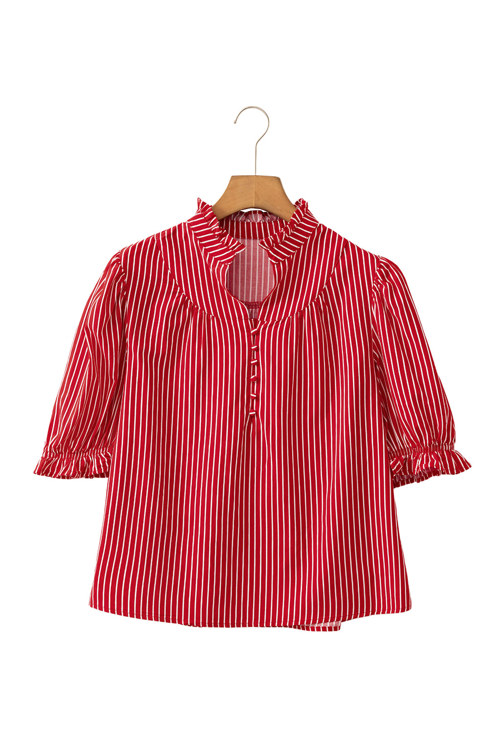 Stripe Ruffled Short Puff Sleeve Button Front Blouse
