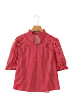 Stripe Ruffled Short Puff Sleeve Button Front Blouse