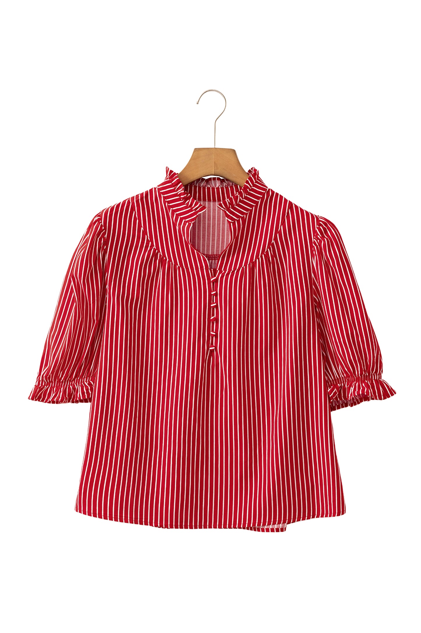 Stripe Ruffled Short Puff Sleeve Button Front Blouse