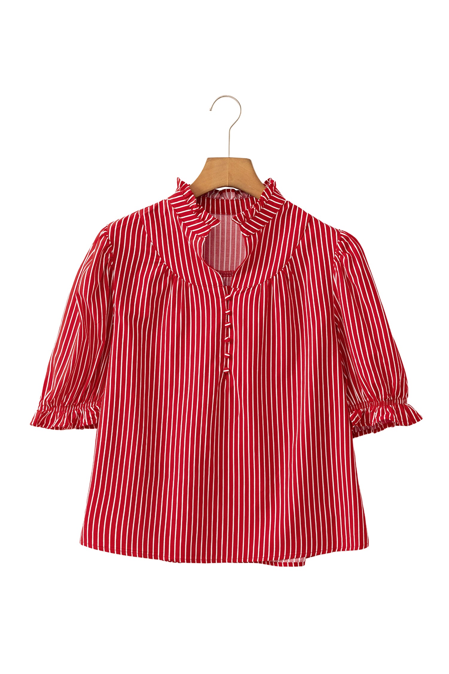 Stripe Ruffled Short Puff Sleeve Button Front Blouse