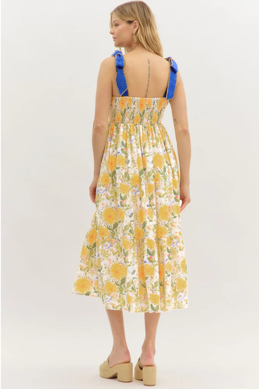 Red Floral Print Contrast Stitched Knot Denim Straps High Waist Dress
