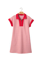 Red Stripe Quarter Zip Polo Collar T Shirt Dress with Pockets