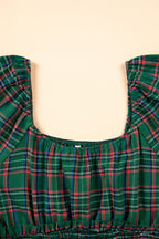 Green Plaid Shirred U Neck Short Sleeve Mini Dress