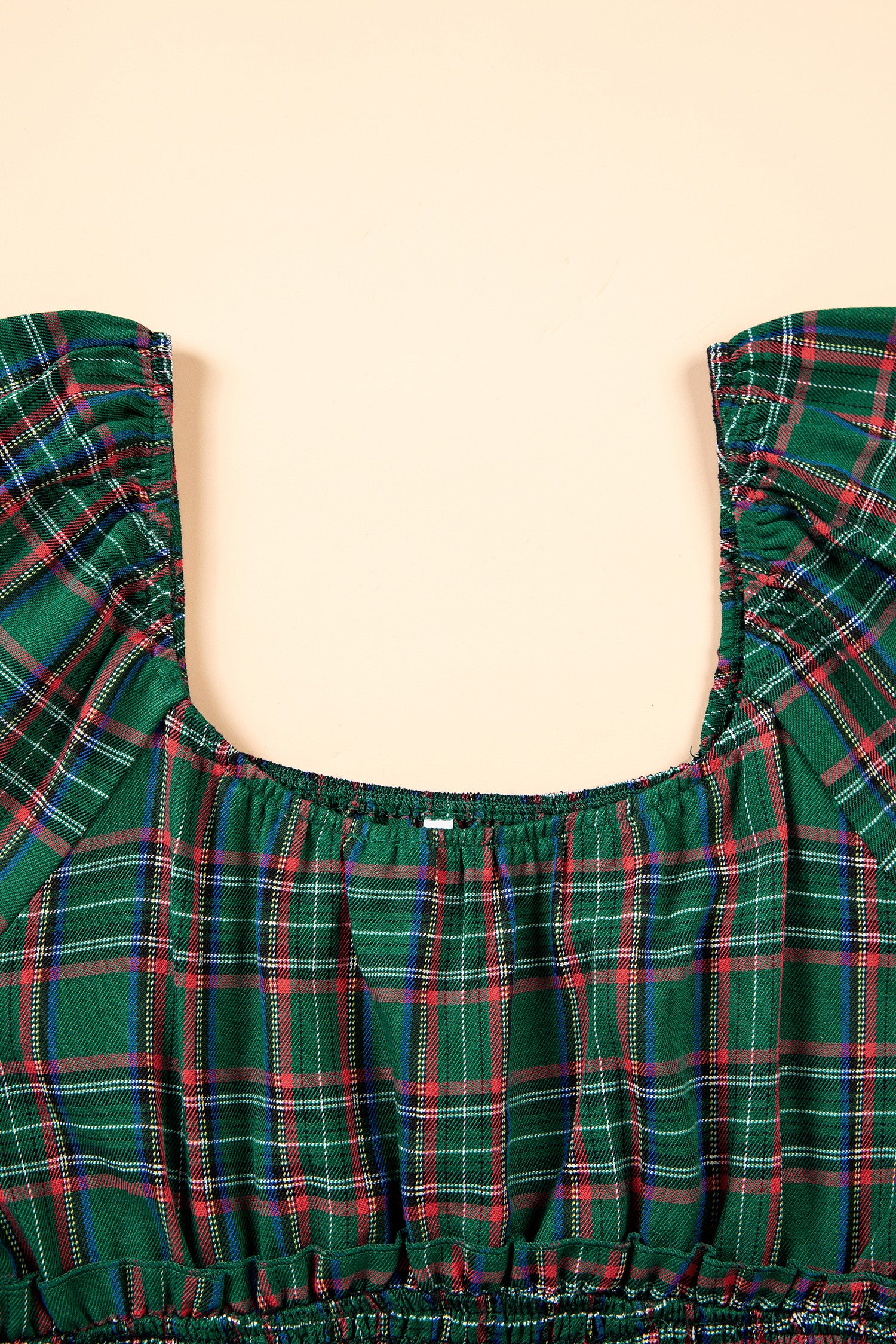 Green Plaid Shirred U Neck Short Sleeve Mini Dress