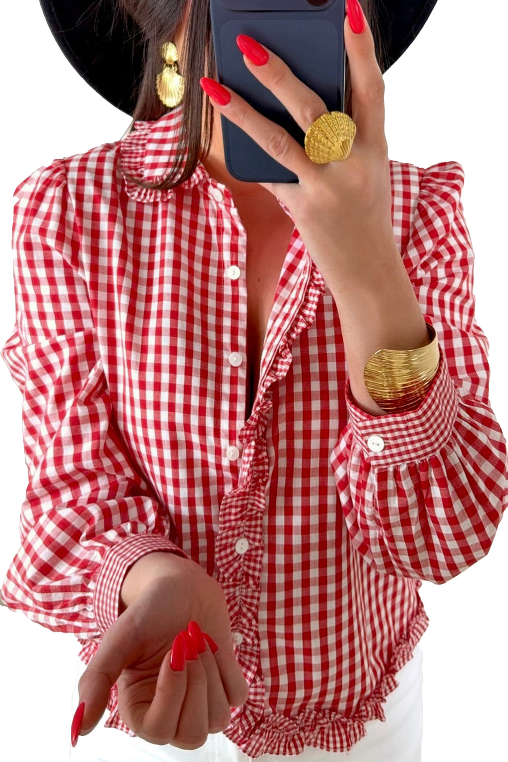 Red Plaid Long Sleeve Button Down Frill Detail Casual Shirt
