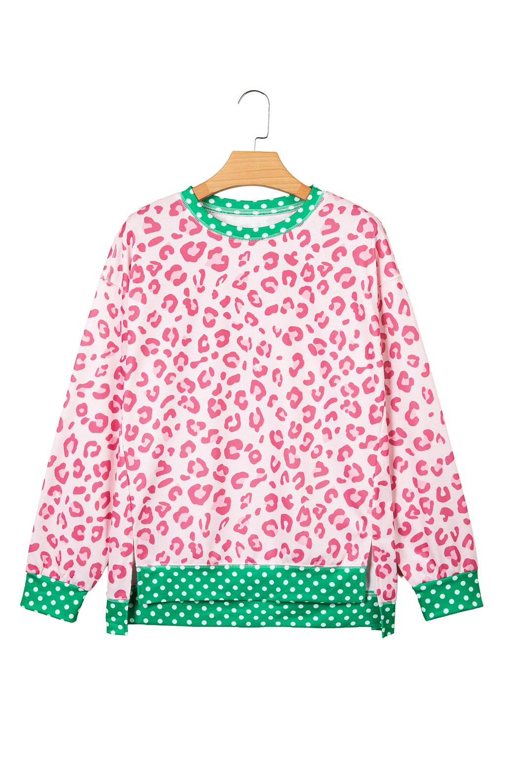 Pink Leopard Polka Dot Colorblock Trim Long Sleeve Top