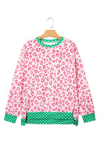 Pink Leopard Polka Dot Colorblock Trim Long Sleeve Top