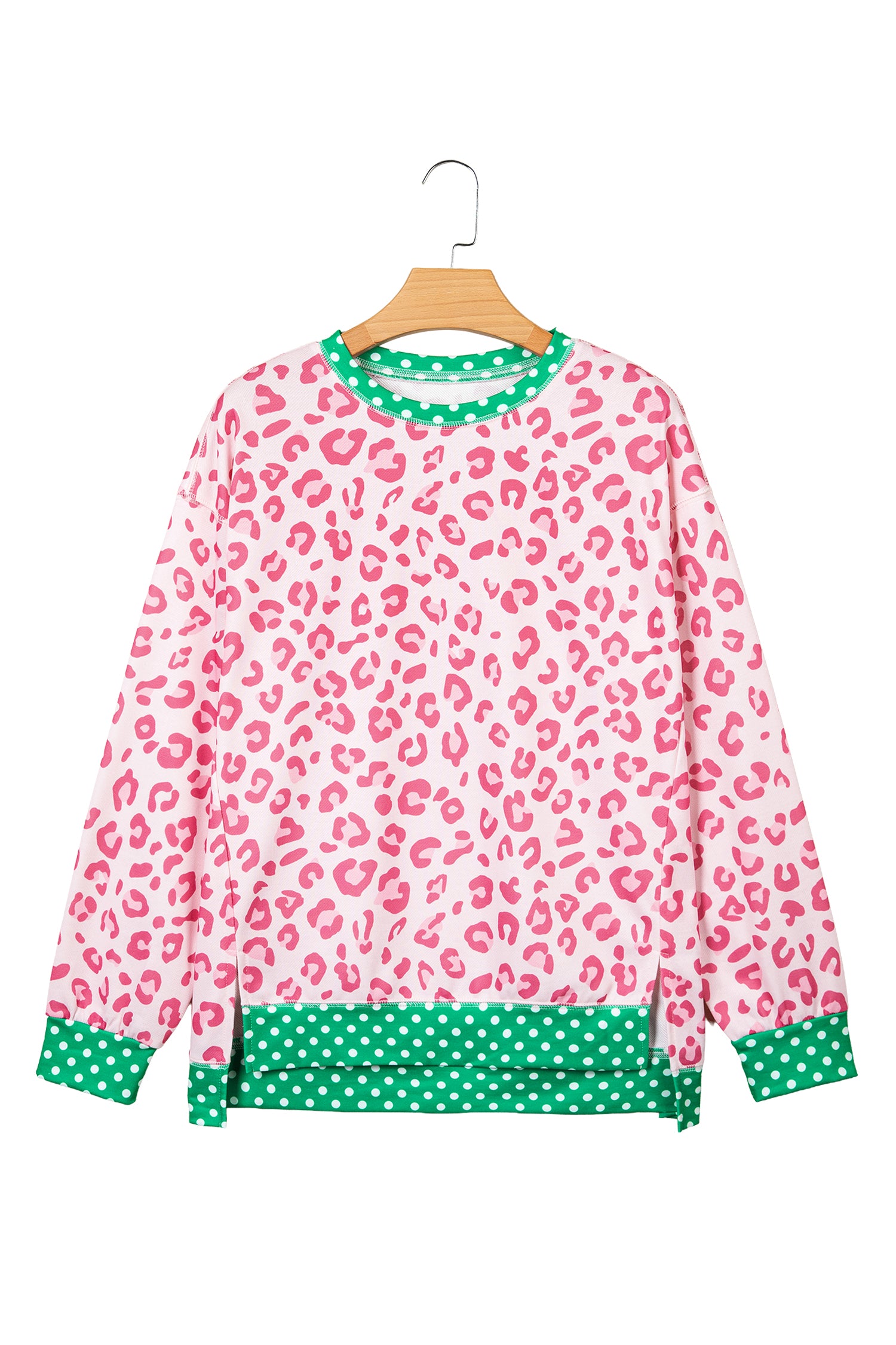 Pink Leopard Polka Dot Colorblock Trim Long Sleeve Top