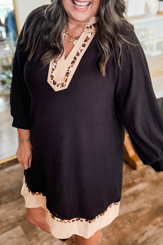 Black Contrast Color Block Leopard Trim Plus Size Ribbed Dress