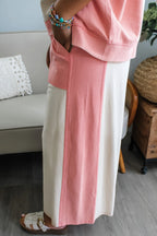 White Two-tone Color Block Patchwork Tee Drawstring Loose Pant Set