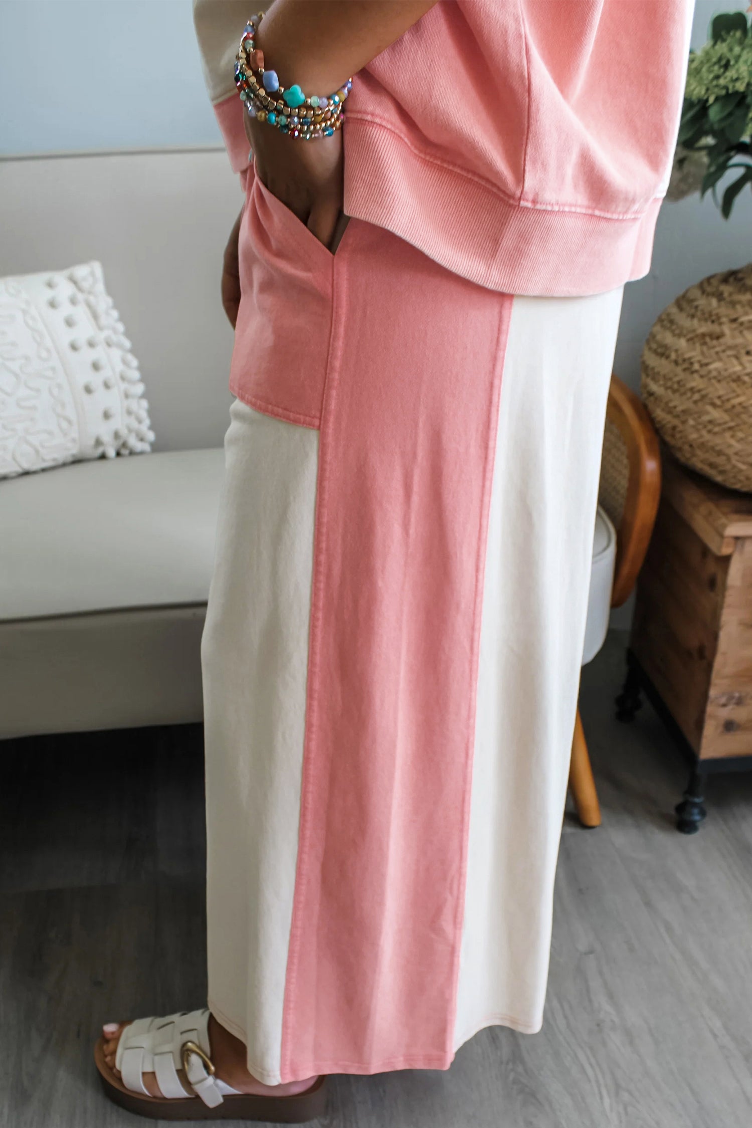 White Two-tone Color Block Patchwork Tee Drawstring Loose Pant Set