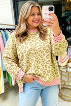 Khaki Plus Size Leopard Print Contrast Polka Dot Trim Long Sleeve Top