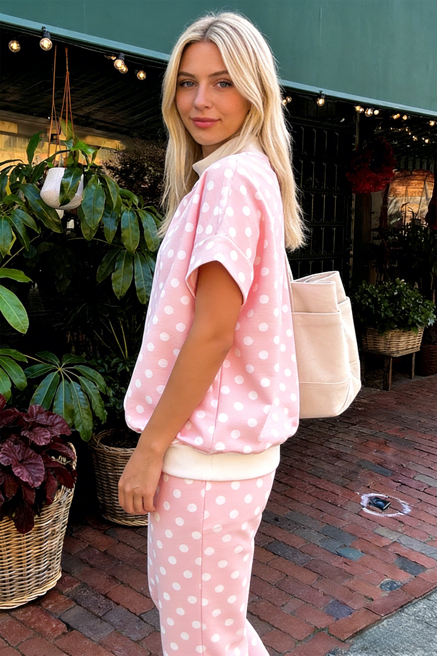 Pink Polka Dot Print Mock Neck Short Sleeve Top Shift Pant Set